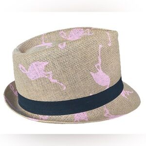 Boys Toddler Hat Tan Fedora with Pink flamingos 4 and under EUC